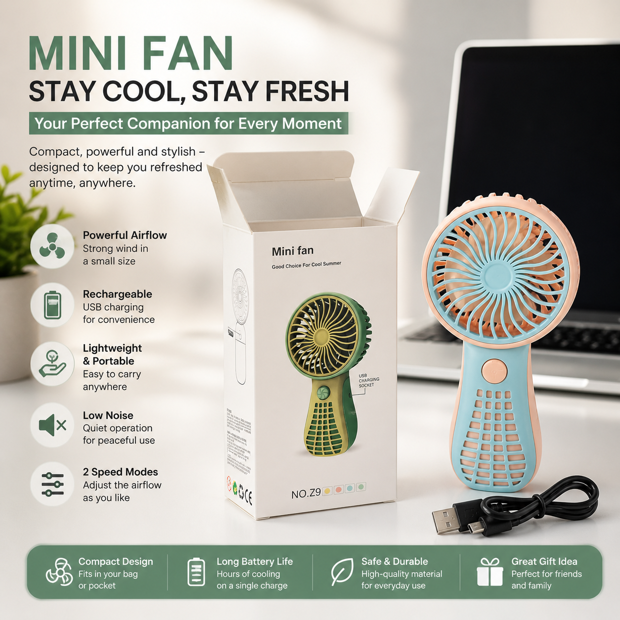 Portable Handheld Cooling Fan – USB Rechargeable Mini Fan