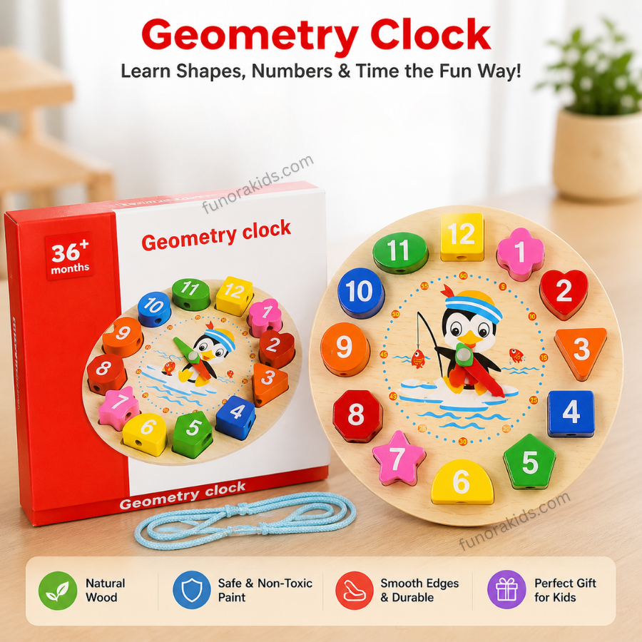Wooden Geometry Clock for Kids Shape Sorting, Number Matching