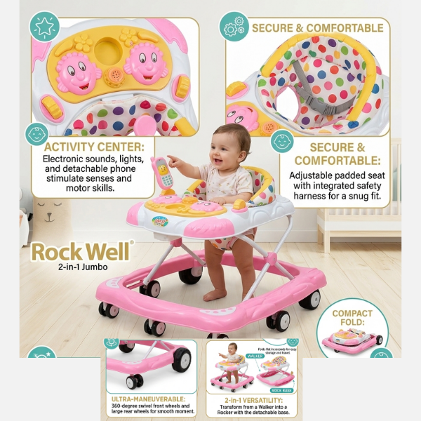 Rockwell 2-in-1 Jumbo Interactive Baby Walker First Steps Activity With Sounds, Lights, and Compact Fold