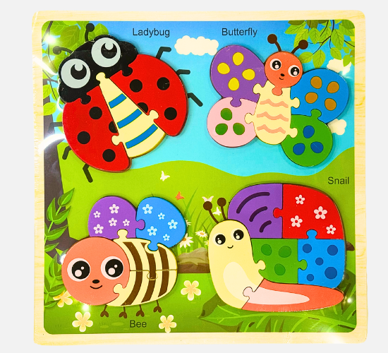 Colorful Wooden Insect Puzzle Board (Ladybug, Butterfly, Bee & Snail)