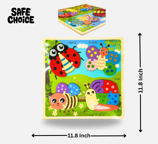 Colorful Wooden Insect Puzzle Board (Ladybug, Butterfly, Bee & Snail)