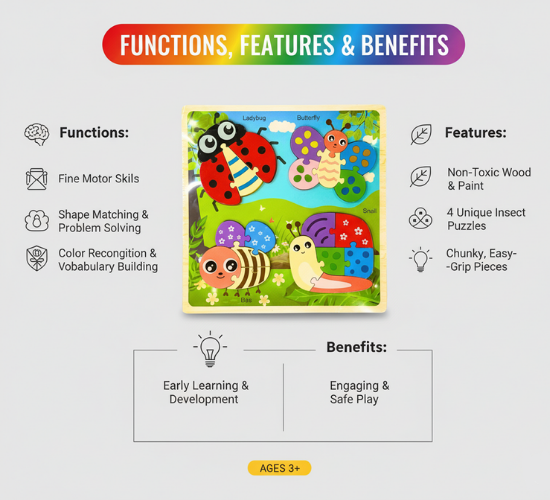 Colorful Wooden Insect Puzzle Board (Ladybug, Butterfly, Bee & Snail)