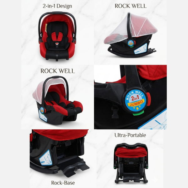 Rock Well 2-in-1 Jumbo Baby Carry Cot & Rocker Premium Portable Infant Seat with Mosquito Net With Detachable Rocking Base