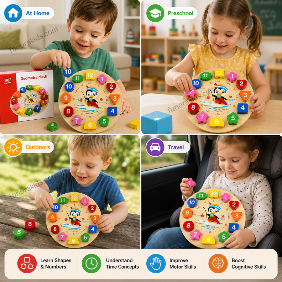 Wooden Geometry Clock for Kids Shape Sorting, Number Matching