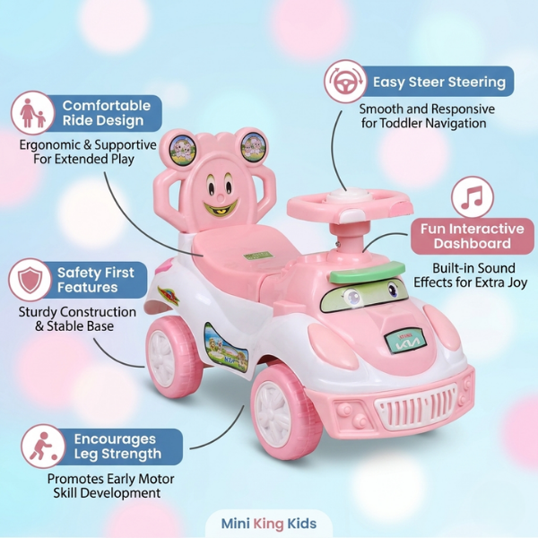 Mini King Kids Interactive Pink Ride On Car Musical Toddler Push Car