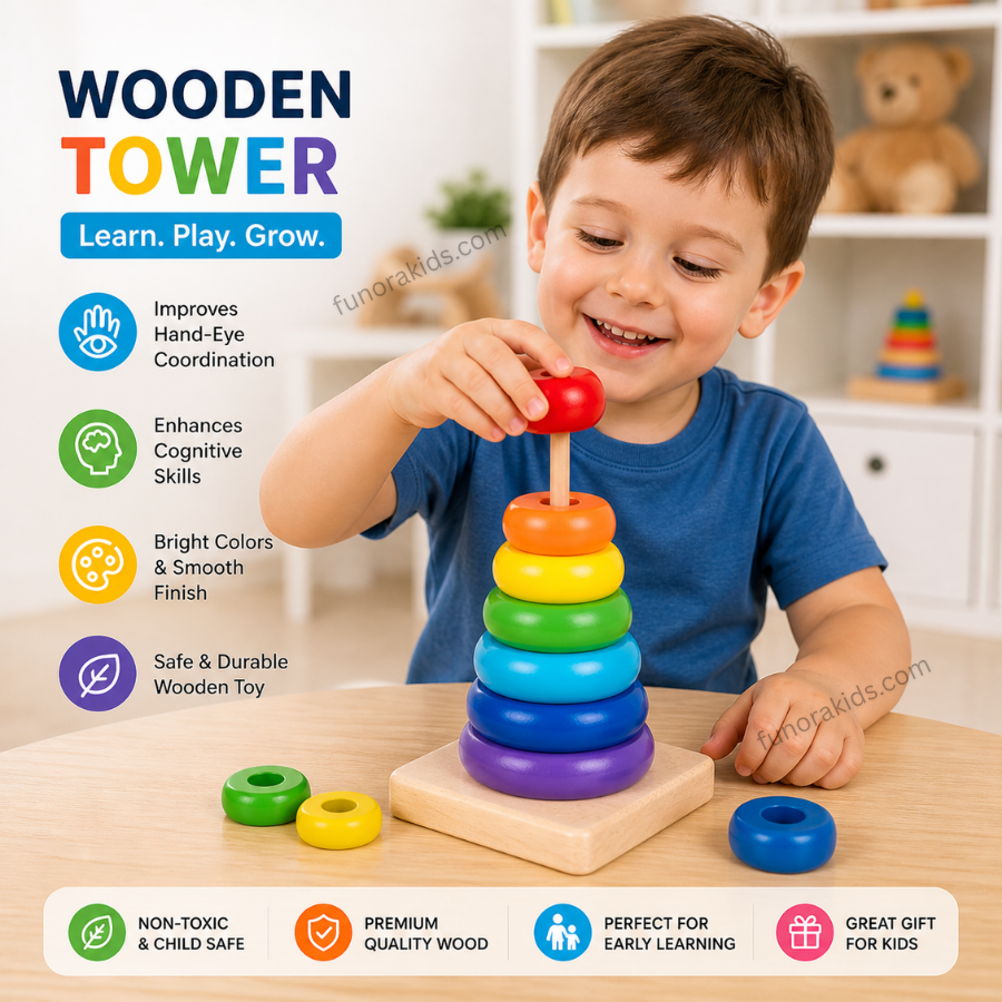 Wooden Rainbow Stacking Tower Ring Toy for Kids