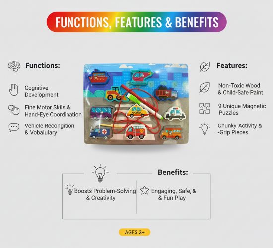 Magnetic Lacing Puzzle Board | Fine Motor Skill Toy with Vehicle & Transport Theme