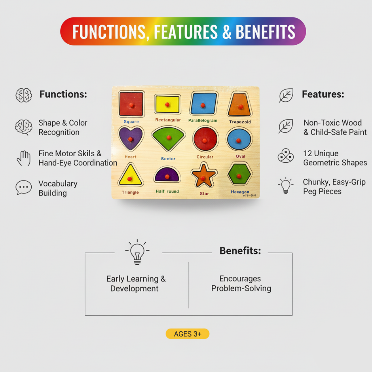 Wooden Geometric Shape Puzzle Board Educational Toy for Learning Shapes & Names