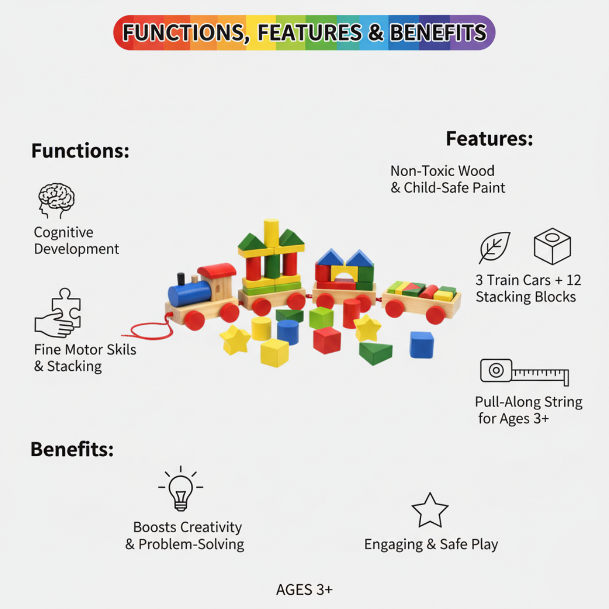 Wooden Stacking Train Toy Geometric Shape Sorter & Fine Motor Skill Builder