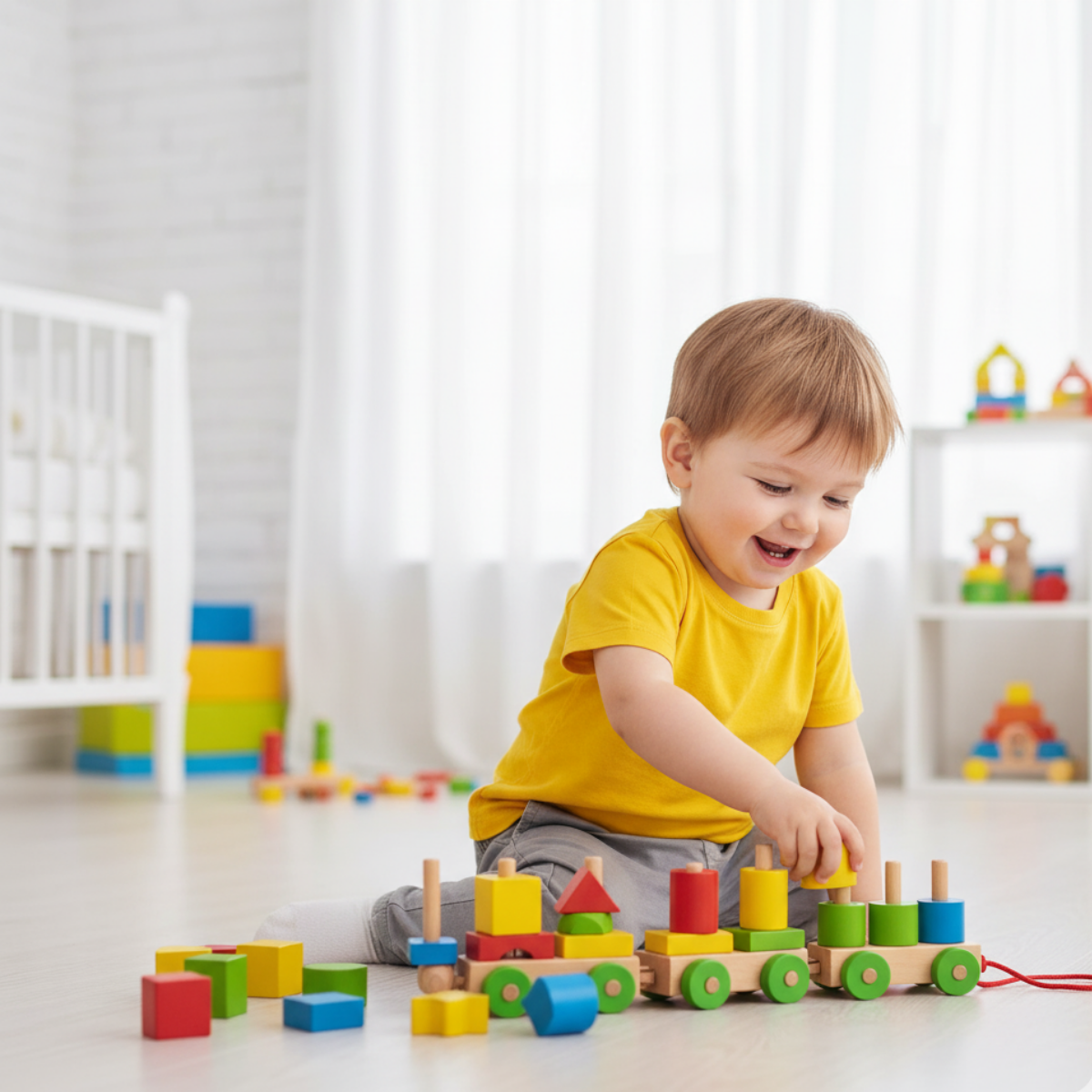 Wooden Stacking Train Toy Geometric Shape Sorter & Fine Motor Skill Builder