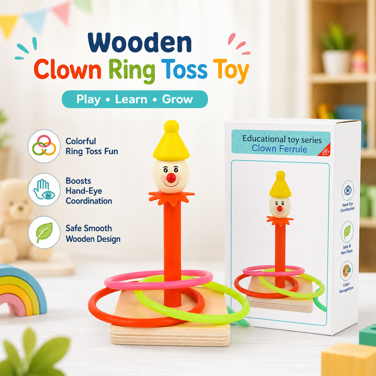 Clown Ring Toss Toy for Kids Hand-Eye Coordination & Motor Skills Development