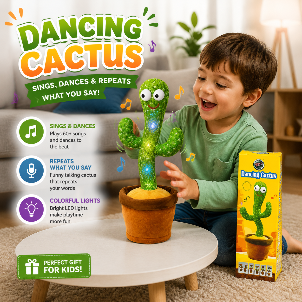Dancing Cactus Talking Singing Toy for Kids Interactive Musical Cactus Plush Toy with Lights