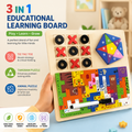 Montessori Wooden Educational Puzzle Board for Kids 3-in-1 Learning (Shapes+Tic Tac+Animals)