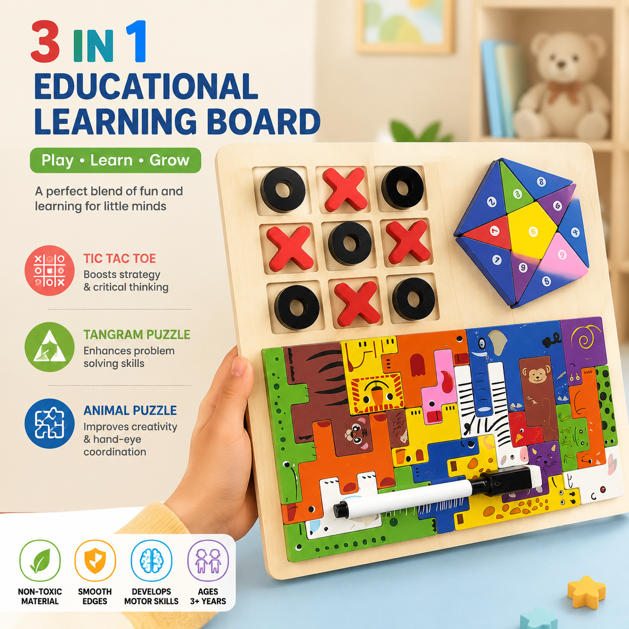 Montessori Wooden Educational Puzzle Board for Kids 3-in-1 Learning (Shapes+Tic Tac+Animals)