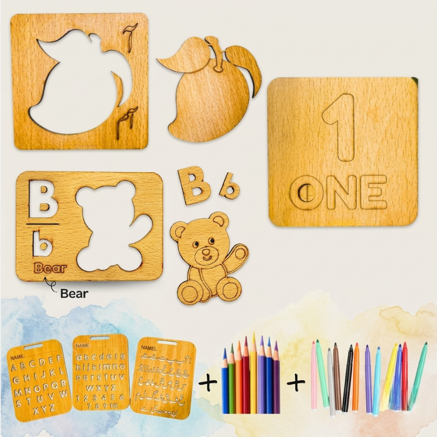 6IN1 - TOP BEST WOODEN STANCILS LEARNING TOYS BOX (URDU WITH SHAPES)