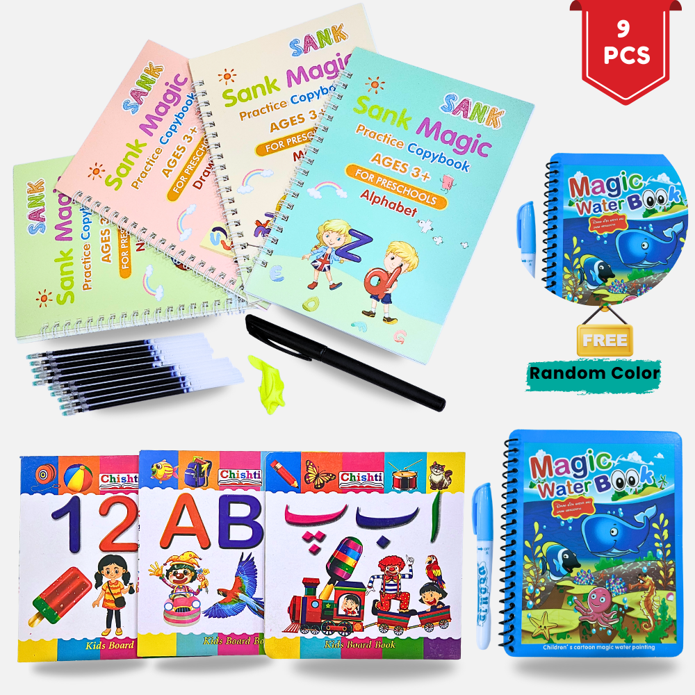 4 Sank Magic Practice Books + 3 Kids Board Books + Water Magic Book