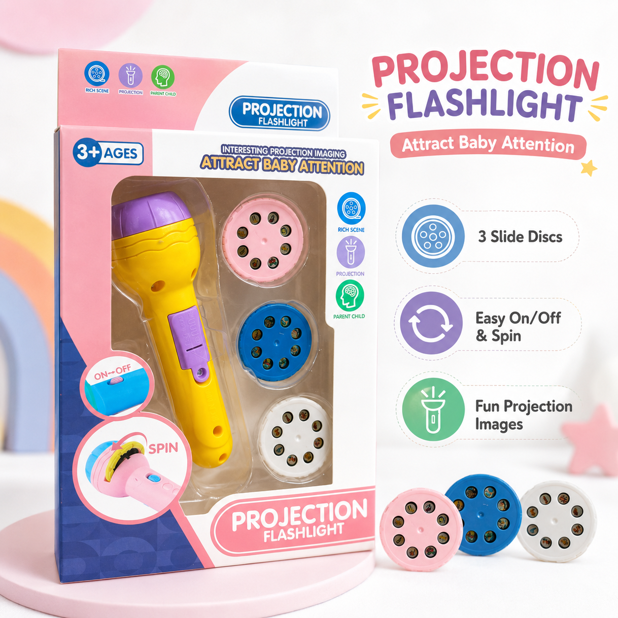 Kids Projection Flashlight Toy with 3 Slide Discs Night Light Torch for Story Projection (Medium Size)