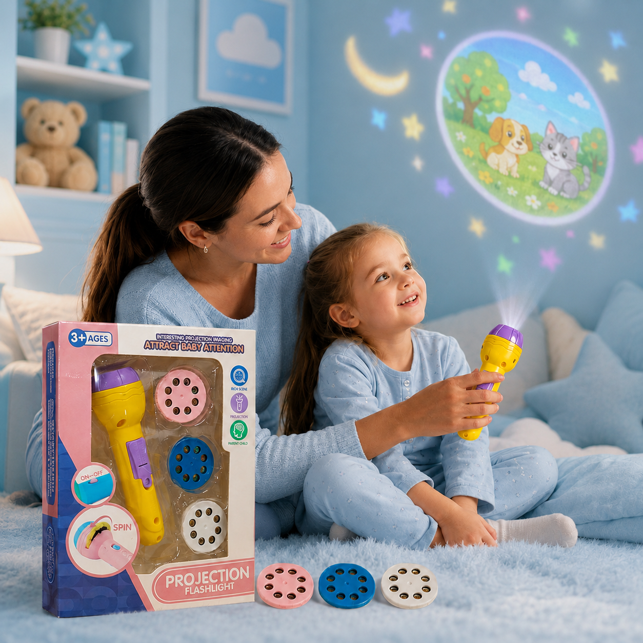 Kids Projection Flashlight Toy with 3 Slide Discs Night Light Torch for Story Projection (Medium Size)