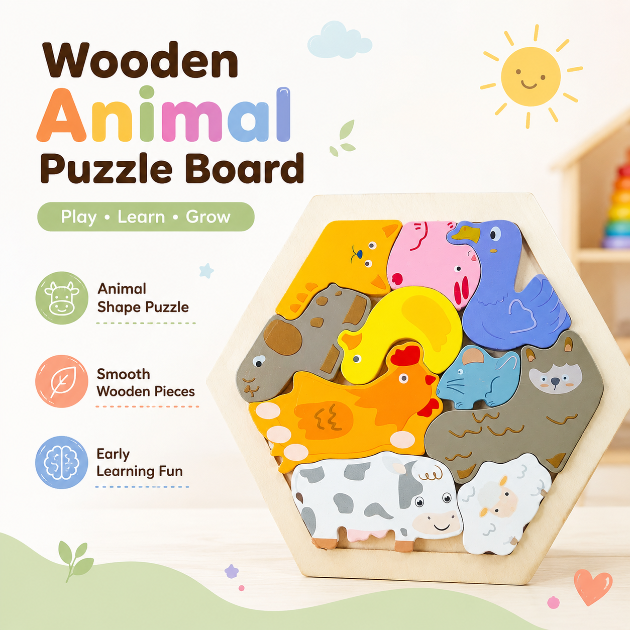 Wooden Animal Puzzle Board for Kids Montessori Educational Shape Sorting Toy