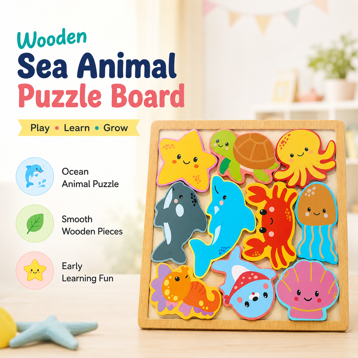 Wooden Sea Animal Puzzle Board for Kids Ocean Animal Shape Sorting Game for Toddlers