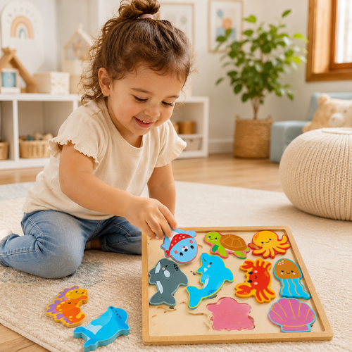 Wooden Sea Animal Puzzle Board for Kids Ocean Animal Shape Sorting Game for Toddlers