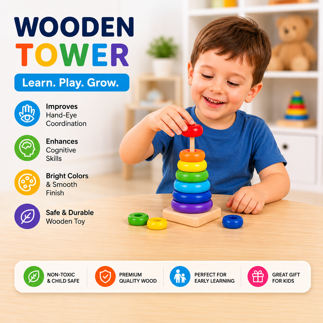 Wooden Rainbow Stacking Tower Ring Toy for Kids