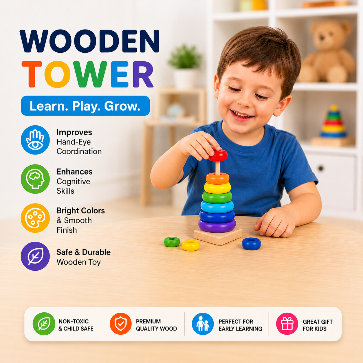 Wooden Rainbow Stacking Tower Ring Toy for Kids (Small)