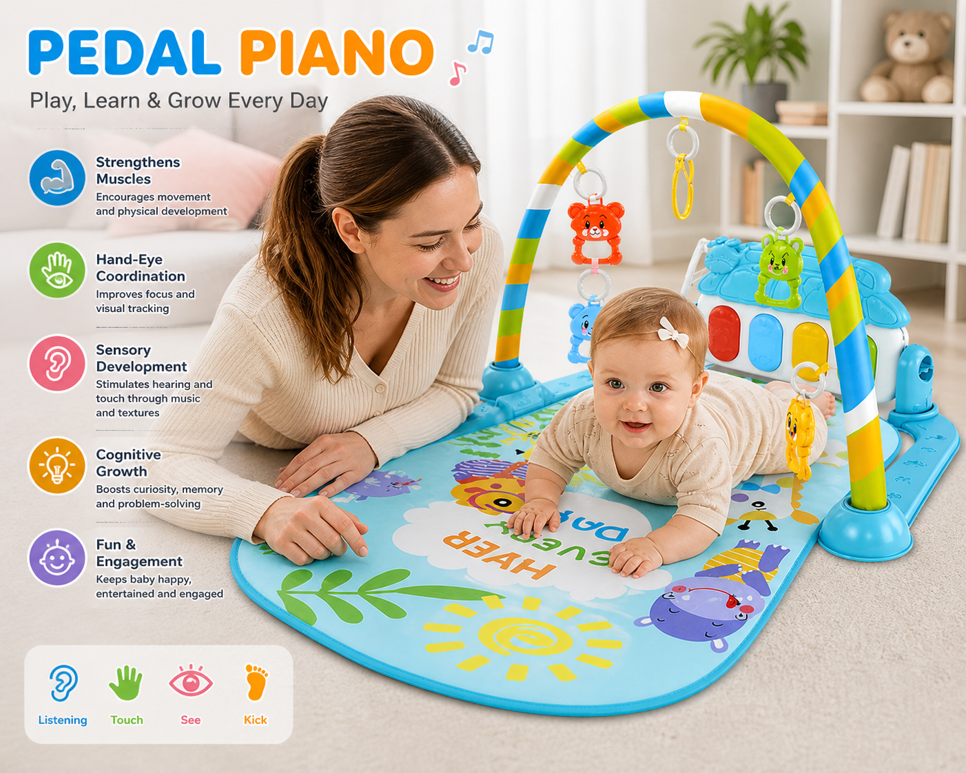Play Gym Kick Piano Mat | Sound & Light Learning Toy for Early Development (0+ Months)